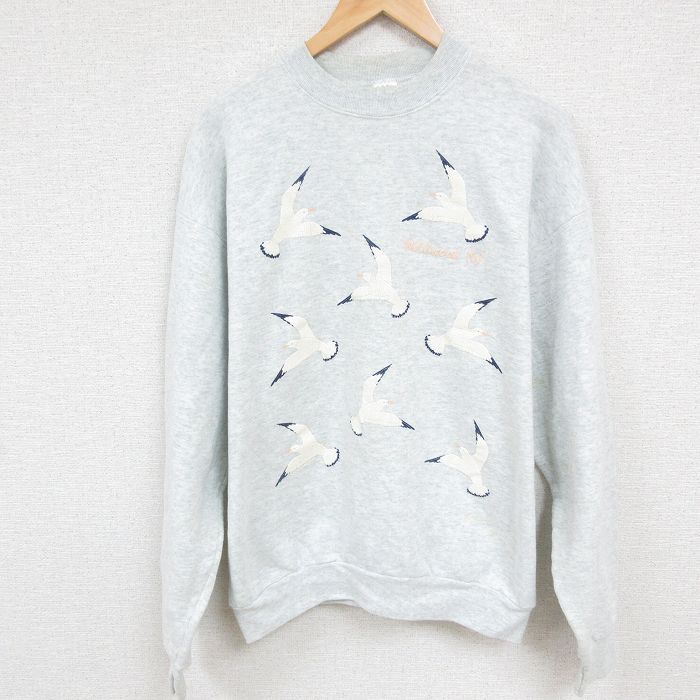 XL★古着 長袖 スウェット メンズ 90年代 90s 鳥 クルーネック USA製 薄グレー 霜降り 24nov12 中古 スエット トレーナー トップス
