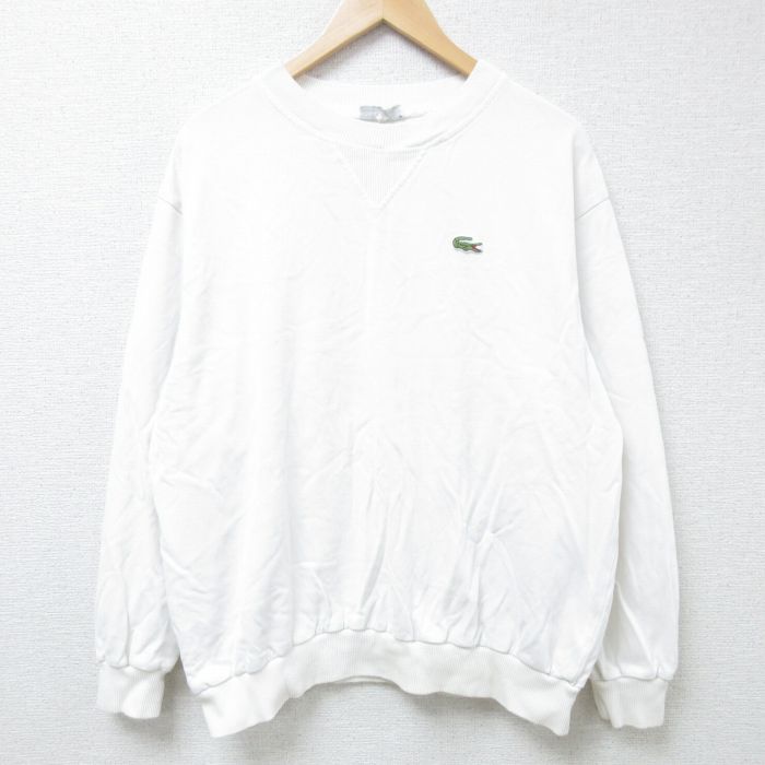 XL★古着 ラコステ LACOSTE 長袖 ブランド トップス メンズ 90年代 90s ワンポイントロゴ 鹿の子 大きいサイズ コットン クルーネック フランス製 白 ホワイト 【spe】 24nov21 中古 スエット トレーナー
