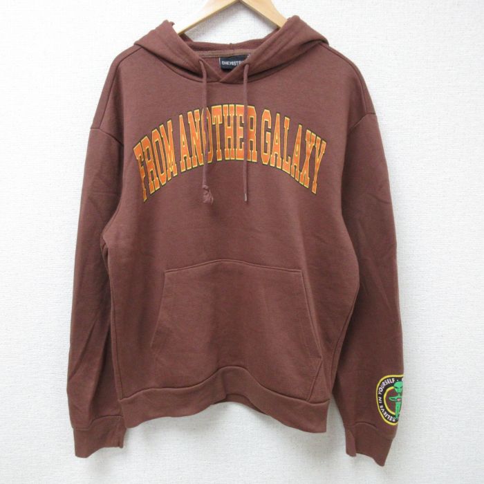 L★古着 長袖 スウェット パーカー メンズ 宇宙人 茶 ブラウン 24nov21 中古 スエット トレーナー トップス