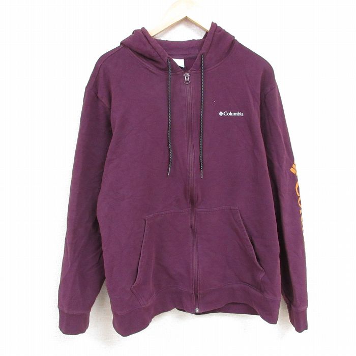XL★古着 コロンビア COLUMBIA Columbia 長袖 フルジップ スウェット パーカー メンズ ワンポイントロゴ 大きいサイズ エンジ 24nov13 中古 スエット トレーナー トップス