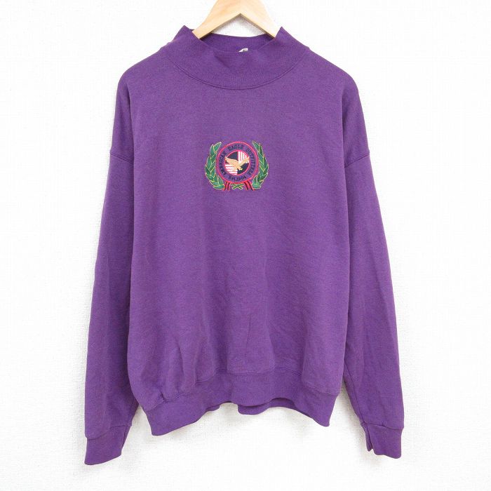 XL★古着 長袖 スウェット メンズ 90年代 90s 刺繍 大きいサイズ モックネック ハイネック USA製 紫 パープル 24nov13 中古 スエット トレーナー トップス