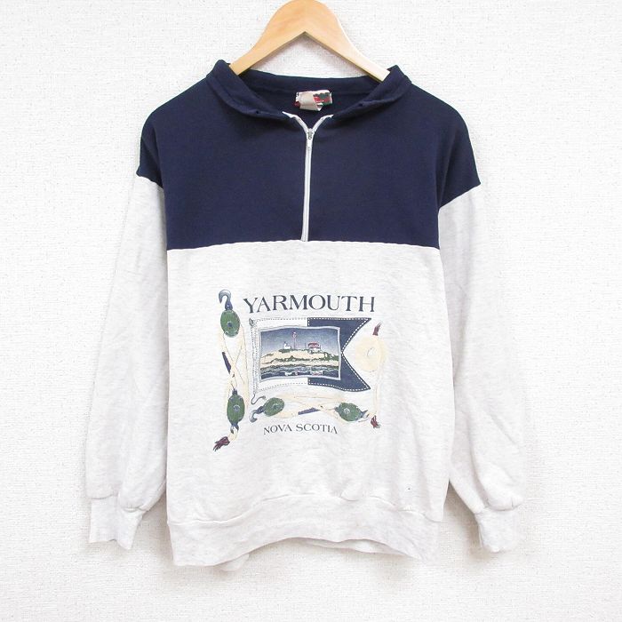 XL★古着 長袖 ハーフジップ スウェット メンズ 90年代 90s ヤーマス ツートンカラー 大きいサイズ カナダ製 薄グレー他 霜降り 24nov13 中古 スエット トレーナー トップス