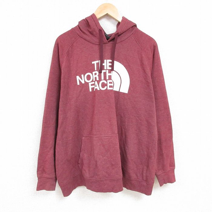XL★古着 ノースフェイス THE NORTH FACE 長袖 スウェット パーカー メンズ ビッグロゴ 大きいサイズ ラグラン エンジ 霜降り 24nov13 中古 スエット トレーナー トップス
