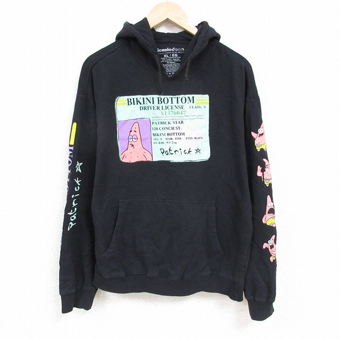 XL★古着 長袖 スウェット パーカー メンズ アニメ ニコロデオン スポンジボブ パトリック 黒 ブラック 24nov14 中古 スエット トレーナー トップス