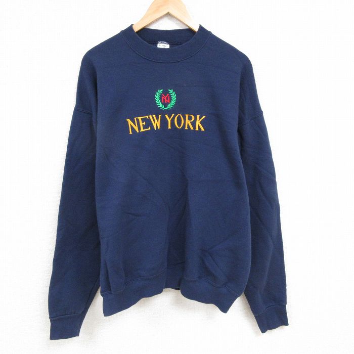 XL★古着 フルーツオブザルーム 長袖 スウェット メンズ 90年代 90s ニューヨーク 刺繍 大きいサイズ クルーネック USA製 紺 ネイビー 24nov14 中古 スエット トレーナー トップス