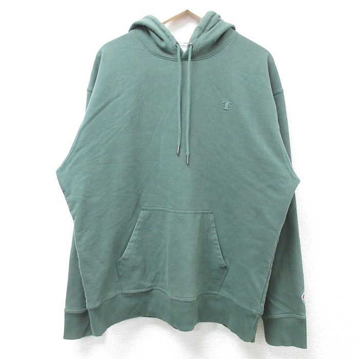 XL★古着 チャンピオン Champion 長袖 スウェット パーカー メンズ ワンポイントロゴ 緑 グリーン 24nov15 中古 スエット トレーナー トップス