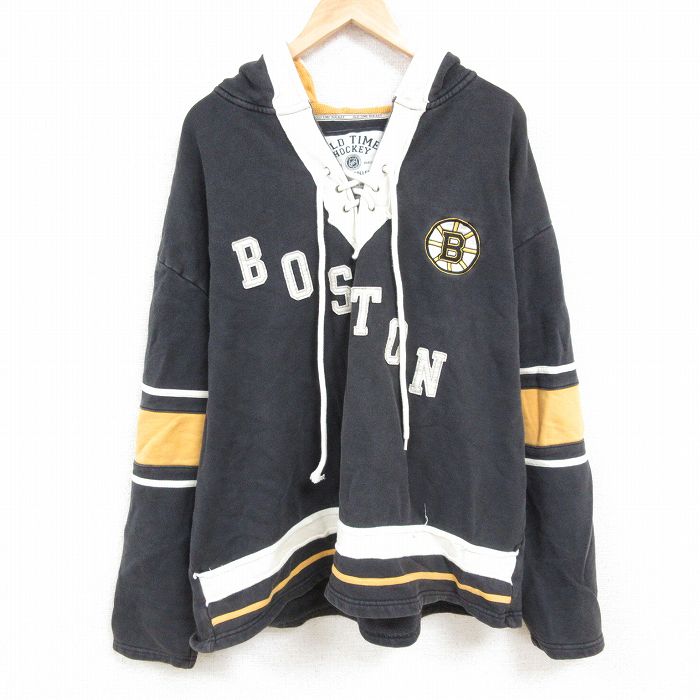 XL★古着 長袖 スウェット パーカー メンズ 00年代 00s NHL ボストンブルーインズ マルチカラー 大きいサイズ コットン 黒 ブラック フード内側サーマル他 アイスホッケー 24nov15 中古 スエット トレーナー トップス
