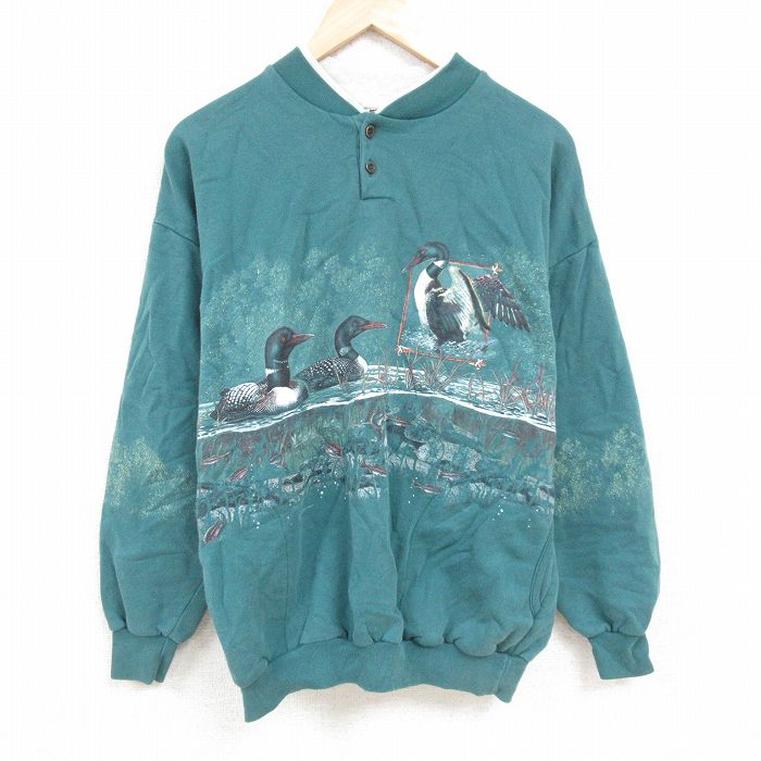 XL★古着 長袖 スウェット メンズ 90年代 90s カモ ヘンリーネック USA製 緑 グリーン 【spe】 24nov15 中古 スエット トレーナー トップス