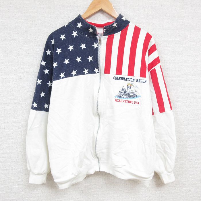 XL★古着 長袖 フルジップ スウェット メンズ 90年代 90s クアッドシティーズ マルチカラー USA製 白他 ホワイト 24nov15 中古 スエット トレーナー トップス