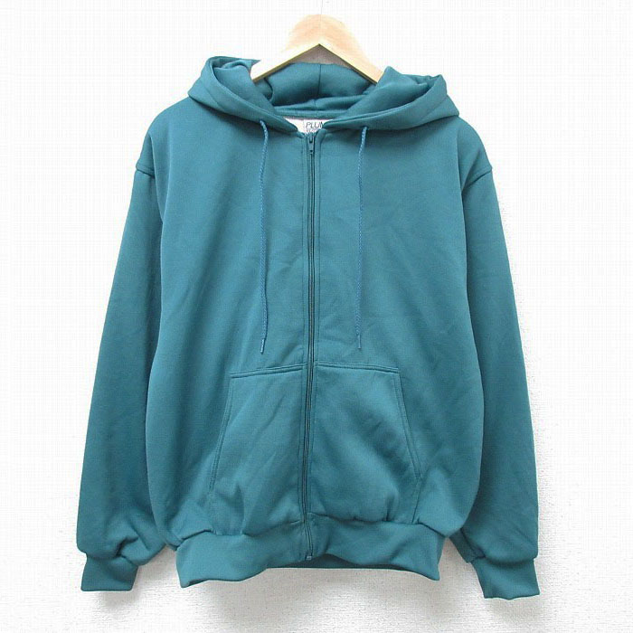 M★古着 長袖 フルジップ フリース トップス パーカー メンズ 00年代 00s 無地 コットン 緑 グリーン 内側サーマル 24nov16 中古 スエット トレーナー