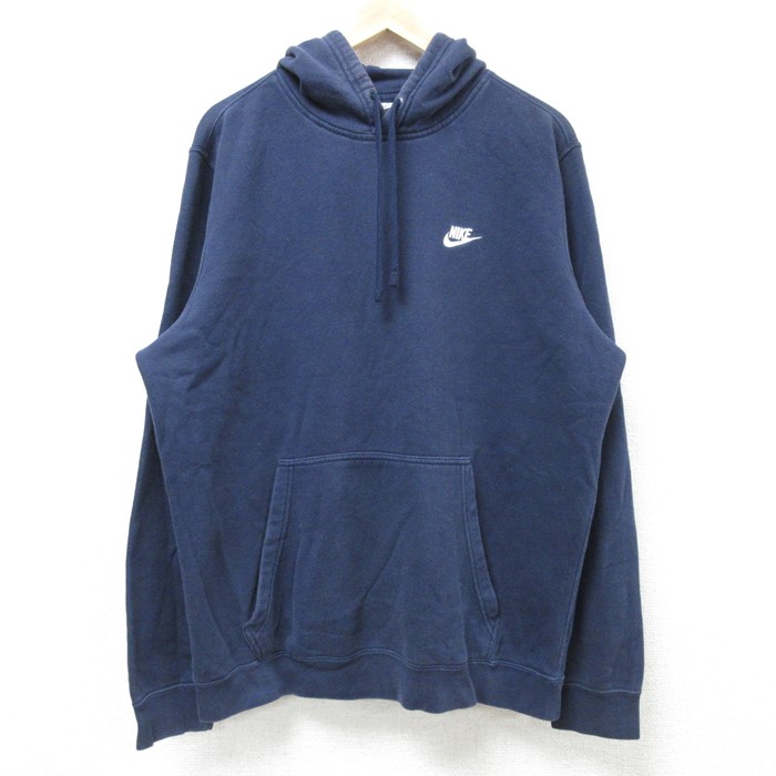 L★古着 ナイキ NIKE 長袖 スウェット パーカー メンズ ワンポイントロゴ 紺 ネイビー 24nov19 中古 スエット トレーナー トップス