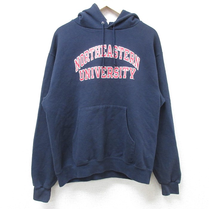 L★古着 チャンピオン Champion 長袖 スウェット パーカー メンズ 00年代 00s NORTHEASTERN 大学 紺 ネイビー 24nov19 中古 スエット トレーナー トップス
