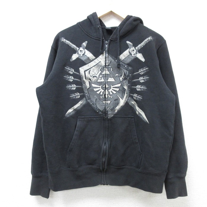 【20%OFF】M★古着 長袖 フルジップ スウェット パーカー メンズ ゲーム ニンテンドー ゼルダの伝説 黒 ブラック 24nov19 中古 スエット トレーナー トップス