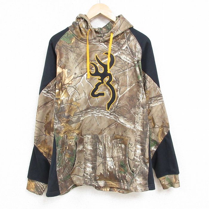 XL★古着 長袖 スウェット パーカー メンズ リアルツリー 刺繍 木 葉 大きいサイズ ポリエステル ラグラン 茶他 ブラウン 迷彩 24nov16 中古 スエット トレーナー トップス