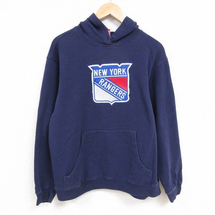 L★古着 リーボック REEBOK 長袖 スウェット パーカー メンズ NHL ニューヨークレンジャーズ 刺繍 紺 ネイビー アイスホッケー 24nov16 中古 スエット トレーナー トップス