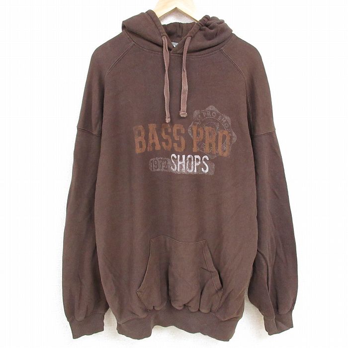 XL★古着 長袖 スウェット パーカー メンズ バスプロショップ 大きいサイズ ロング丈 こげ茶 ブラウン 24nov16 中古 スエット トレーナー トップス