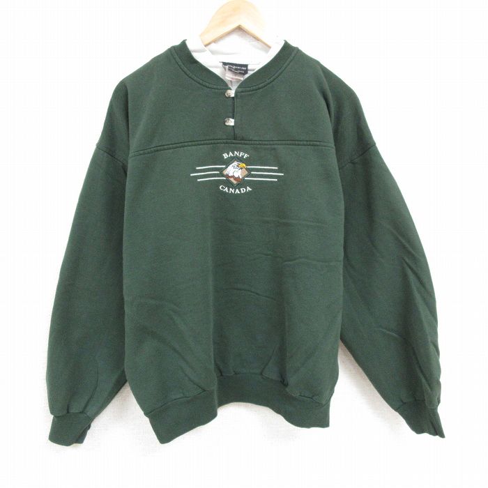 XL★古着 長袖 スウェット メンズ 90年代 90s ワシ カナダ 刺繍 大きいサイズ ヘンリーネック カナダ製 緑 グリーン 24nov16 中古 スエット トレーナー トップス