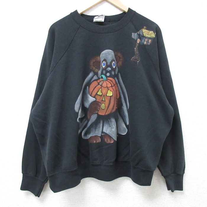 XL★古着 リー Lee 長袖 スウェット メンズ 90年代 90s ハロウィン 大きいサイズ ラグラン クルーネック USA製 黒 ブラック 24nov18 中古 スエット トレーナー トップス
