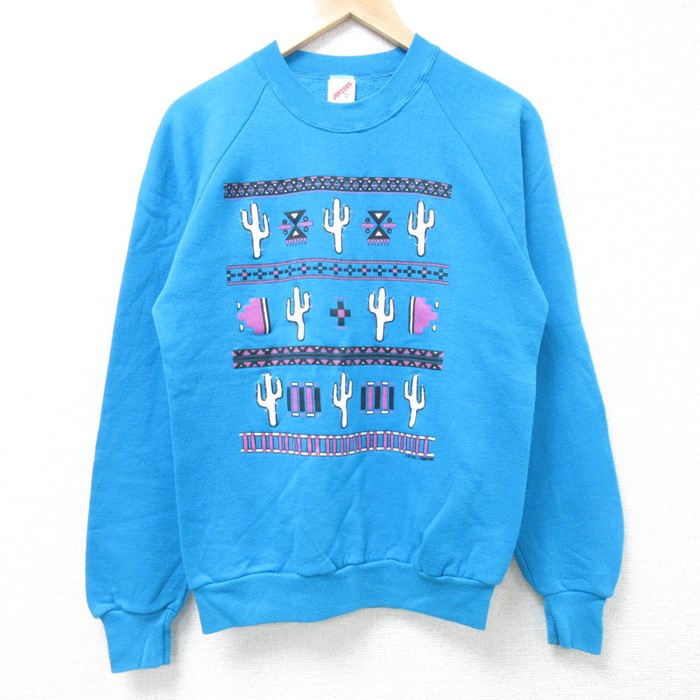 【50%OFF】S★古着 ジャージーズ 長袖 スウェット メンズ 90年代 90s サボテン ラグラン クルーネック USA製 水色 24nov18 中古 スエット トレーナー トップス