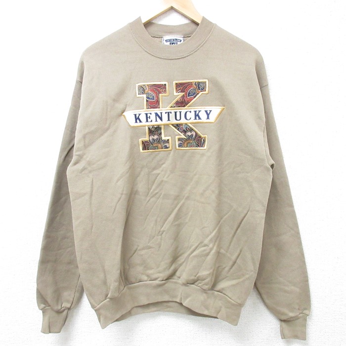 M★古着 リー Lee 長袖 スウェット メンズ 00年代 00s ケンタッキー 刺繍 クルーネック ベージュ カーキ 24nov18 中古 スエット トレーナー トップス