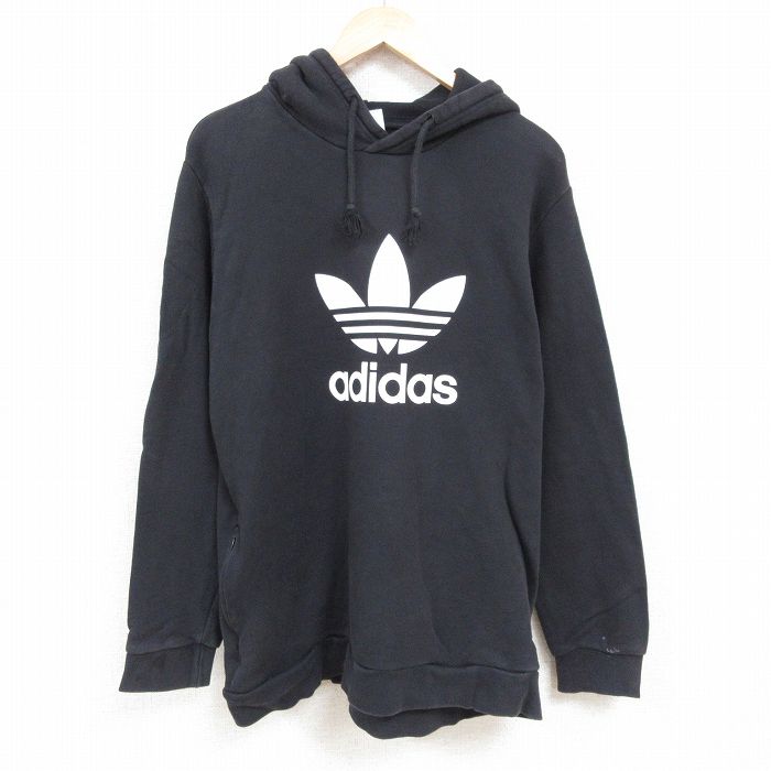 XL★古着 アディダス adidas 長袖 スウェット パーカー メンズ ビッグロゴ リーフ トレフォイル コットン 黒 ブラック 24nov18 中古 スエット トレーナー トップス