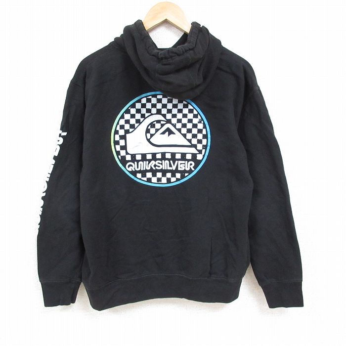 L★古着 クイックシルバー QUIKSILVER 長袖 スウェット パーカー メンズ ビッグロゴ 黒 ブラック 24nov18 中古 スエット トレーナー トップス
