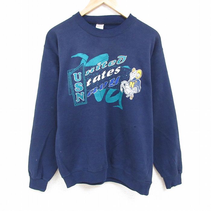 【50%OFF】L★古着 長袖 スウェット メンズ 90年代 90s ミリタリー USN クルーネック USA製 紺 ネイビー 【spe】 24nov18 中古 スエット トレーナー トップス