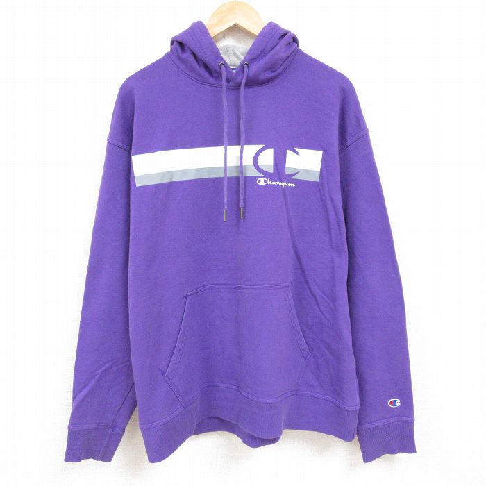 XL★古着 チャンピオン Champion 長袖 スウェット パーカー メンズ 00年代 00s ビッグロゴ 大きいサイズ 紫 パープル 24nov18 中古 スエット トレーナー トップス