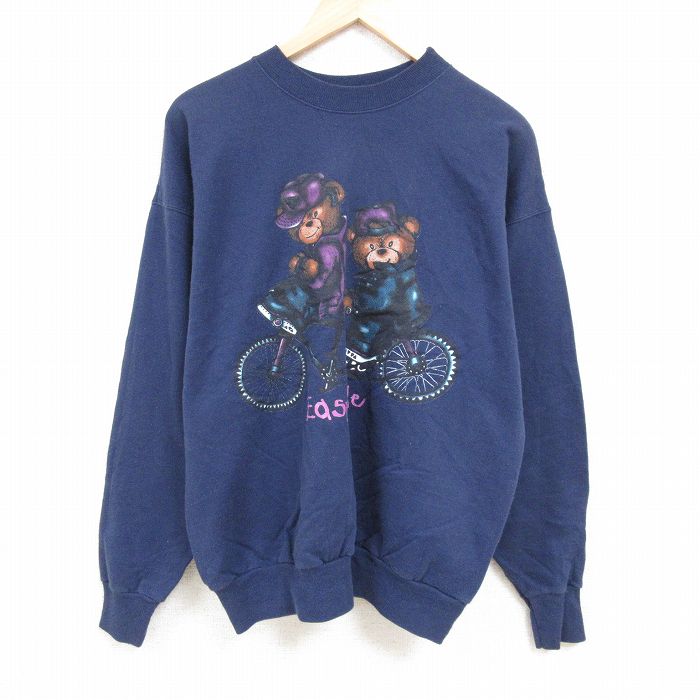 XL★古着 ヘインズ Hanes 長袖 スウェット メンズ 00年代 00s クマ クルーネック 紺 ネイビー 24nov18 中古 スエット トレーナー トップス
