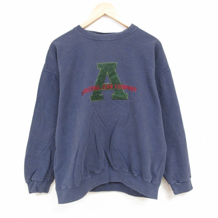 XL★古着 アリゾナジーンズ 長袖 スウェット メンズ 90年代 90s ビッグロゴ 刺繍 鹿の子 クルーネック USA製 紺 ネイビー 【spe】 24nov18 中古 スエット トレーナー トップス