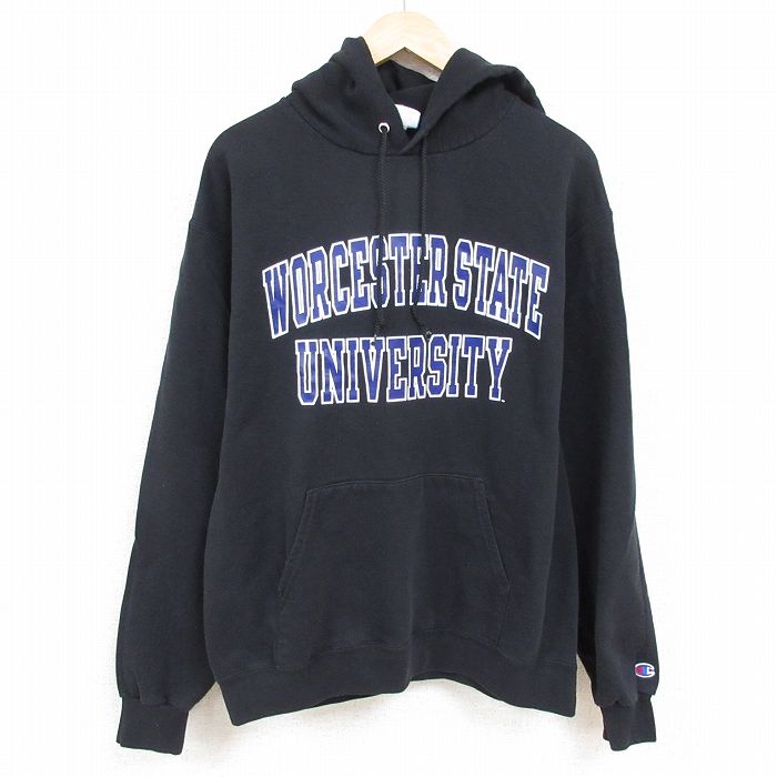XL★古着 チャンピオン Champion 長袖 スウェット パーカー メンズ ウスター 大学 黒 ブラック 24nov20 中古 スエット トレーナー トップス