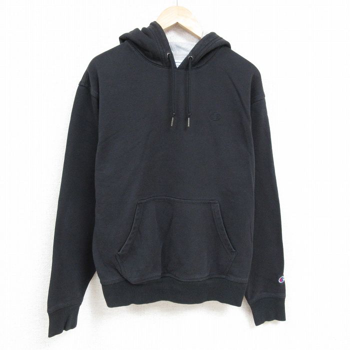 XL★古着 チャンピオン Champion 長袖 スウェット パーカー メンズ ワンポイントロゴ 黒 ブラック 24nov20 中古 スエット トレーナー トップス