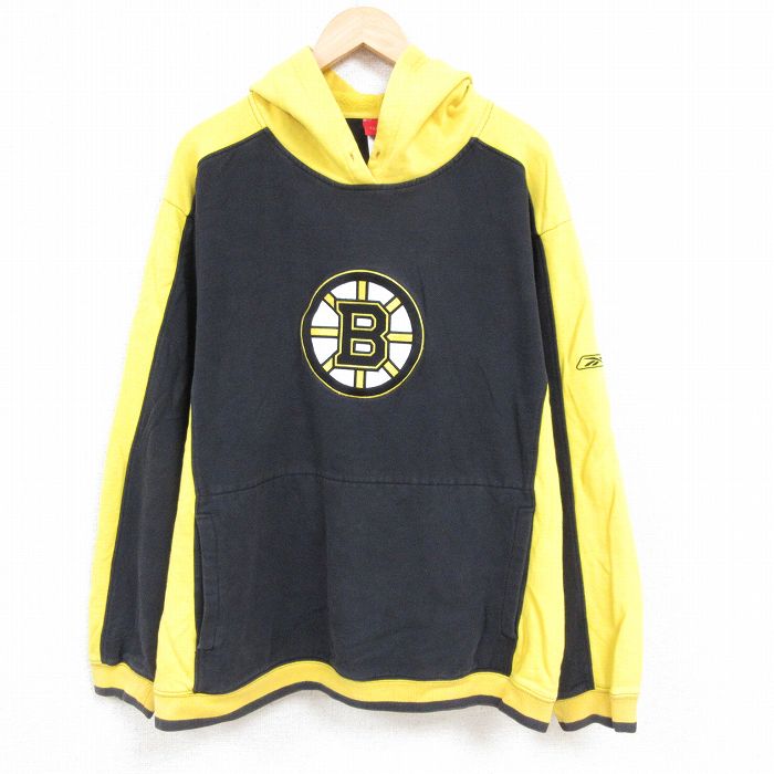 XL★古着 リーボック REEBOK 長袖 スウェット パーカー メンズ NHL ボストンブルーインズ 刺繍 ツートンカラー 大きいサイズ 黒他 ブラック アイスホッケー 24nov20 中古 スエット トレーナー トップス