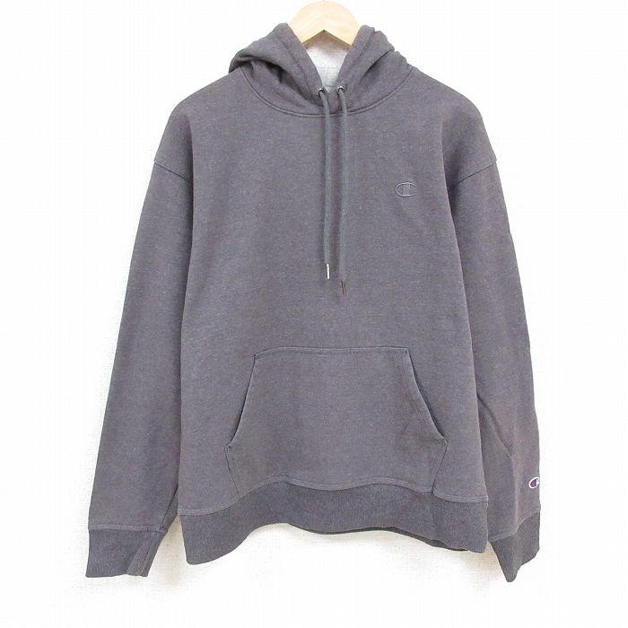 XL★古着 チャンピオン Champion 長袖 スウェット パーカー メンズ ワンポイントロゴ グレー 霜降り 24nov20 中古 スエット トレーナー トップス