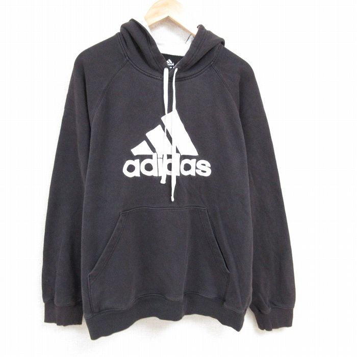 XL★古着 アディダス adidas 長袖 スウェット パーカー メンズ ビッグロゴ 刺繍 大きいサイズ ラグラン 黒 ブラック 24nov20 中古 スエット トレーナー トップス