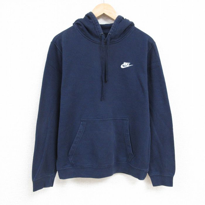 XL★古着 ナイキ NIKE 長袖 スウェット パーカー メンズ ワンポイントロゴ 紺 ネイビー 24nov20 中古 スエット トレーナー トップス
