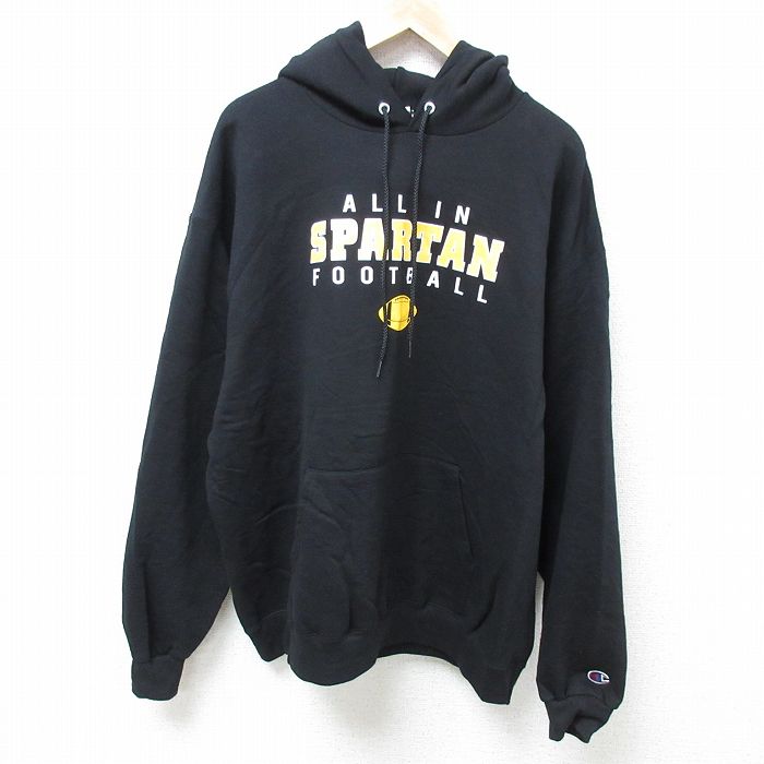 XL★古着 チャンピオン Champion 長袖 スウェット パーカー メンズ スパルタン フットボール 大きいサイズ 黒 ブラック 24nov20 中古 スエット トレーナー トップス
