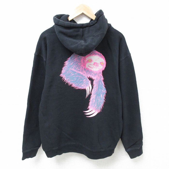 L★古着 長袖 スウェット パーカー メンズ ナマケモノ 黒 ブラック 24nov20 中古 スエット トレーナー トップス