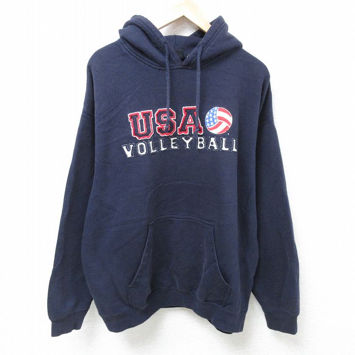 XL★古着 長袖 スウェット パーカー メンズ 00年代 00s USA バレーボール 刺繍 大きいサイズ 紺 ネイビー 24nov20 中古 スエット トレーナー トップス