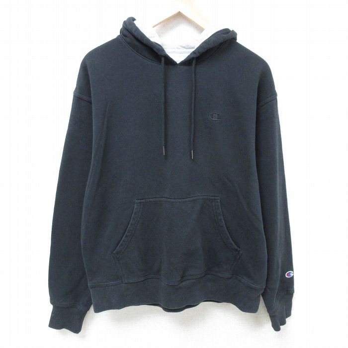 L★古着 チャンピオン Champion 長袖 スウェット パーカー メンズ ワンポイントロゴ 黒 ブラック 24nov20 中古 スエット トレーナー トップス