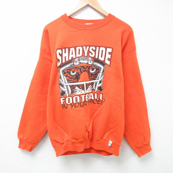 L★古着 ディスカス 長袖 スウェット メンズ 90年代 90s トラ フットボール クルーネック USA製 オレンジ 【spe】 24nov20 中古 スエット トレーナー トップス
