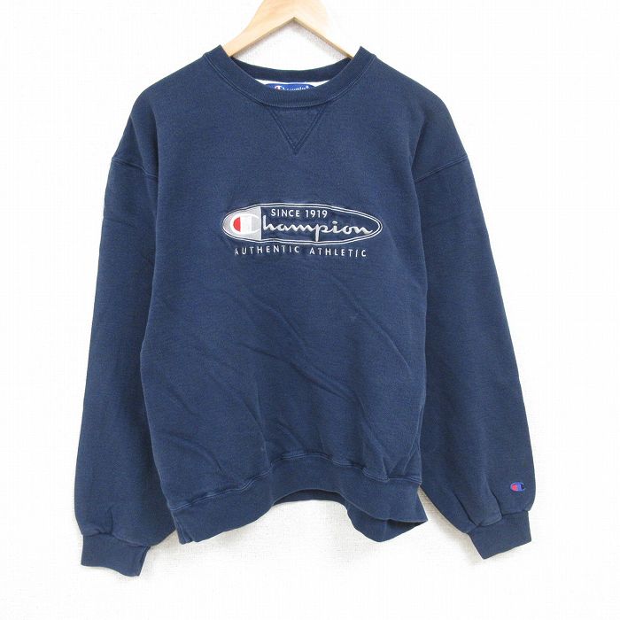L★古着 チャンピオン Champion 長袖 スウェット メンズ 00年代 00s ビッグロゴ 刺繍 クルーネック 紺 ネイビー 24nov21 中古 スエット トレーナー トップス