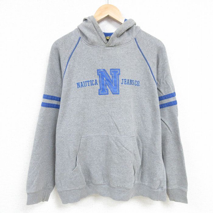 L★古着 ノーティカ NAUTICA 長袖 ブランド スウェット パーカー メンズ ビッグロゴ 刺繍 ロング丈 ラグラン グレー 霜降り 24nov21 中古 スエット トレーナー トップス