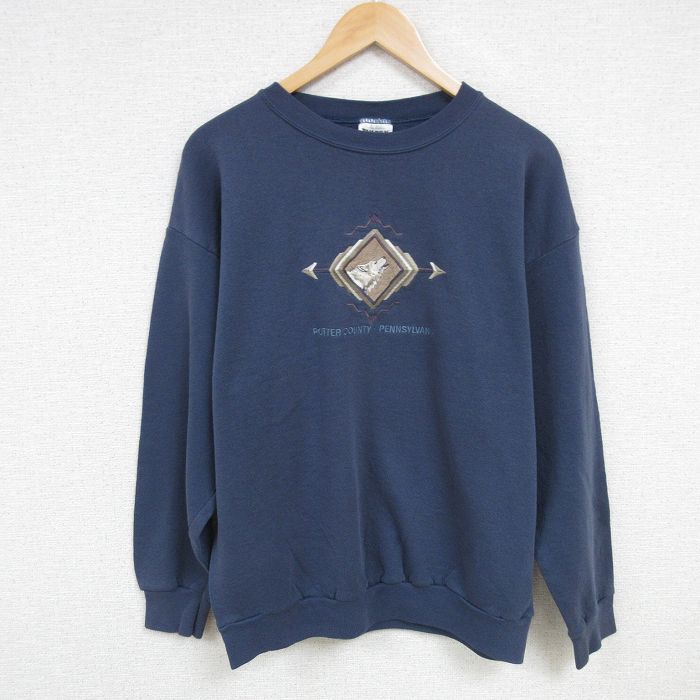 L★古着 TULTEX 長袖 スウェット メンズ 90年代 90s オオカミ 刺繍 クルーネック 薄紺 ネイビー 24nov22 中古 スエット トレーナー トップス