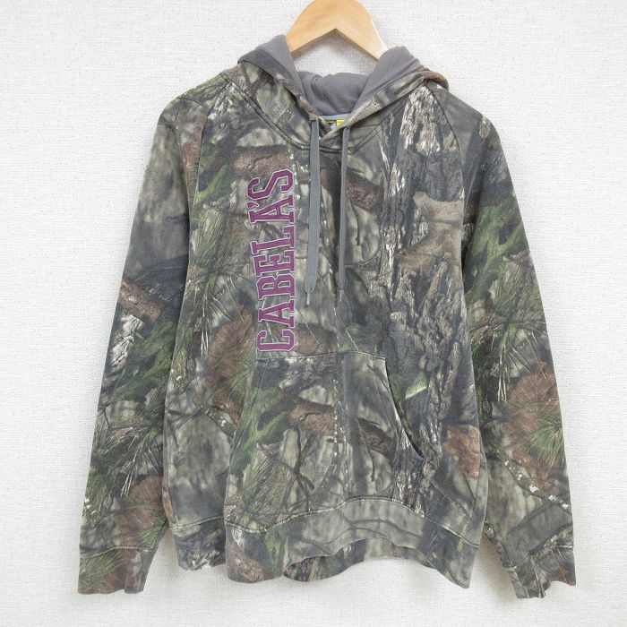 XL★古着 カベラス 長袖 スウェット パーカー メンズ 00年代 00s CABELAS 木 葉 刺繍 茶 ブラウン 迷彩 24nov22 中古 スエット トレーナー トップス