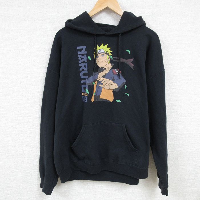XL★古着 長袖 スウェット パーカー メンズ アニメ NARUTO ナルト疾風伝 大きいサイズ 黒 ブラック 24nov22 中古 スエット トレーナー トップス