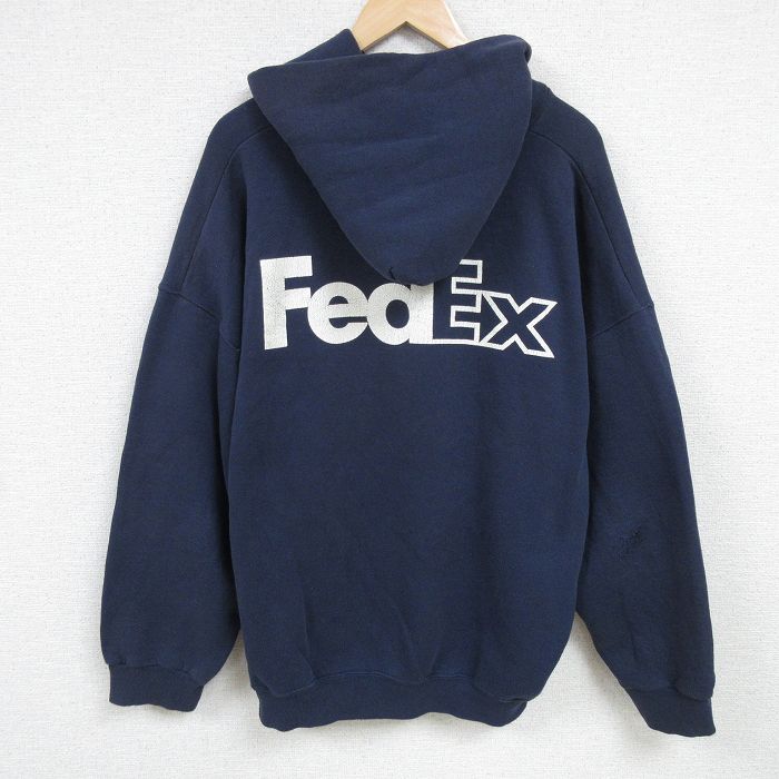 XL★古着 ディスカス 長袖 スウェット パーカー メンズ 90年代 90s FedEx 大きいサイズ 紺 ネイビー 24nov22 中古 スエット トレーナー トップス
