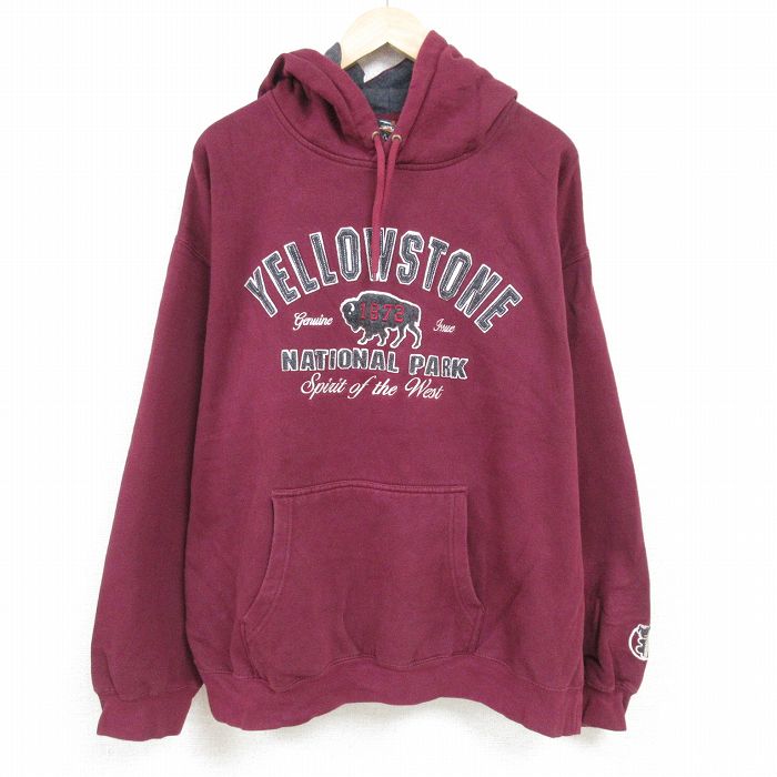 XL★古着 長袖 スウェット パーカー メンズ 00年代 00s イエローストーン国立公園 刺繍 大きいサイズ エンジ 24nov22 中古 スエット トレーナー トップス