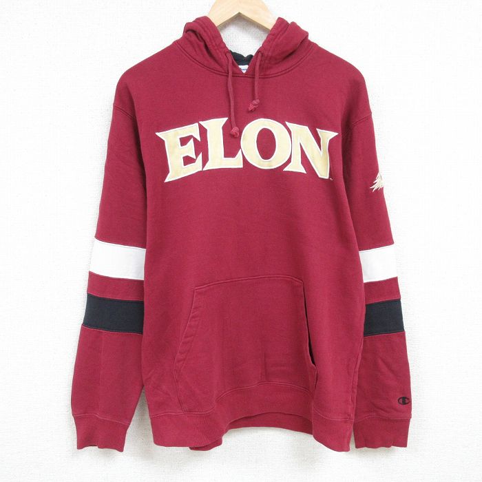 XL★古着 チャンピオン Champion 長袖 スウェット パーカー メンズ イーロン 刺繍 エンジ 24nov22 中古 スエット トレーナー トップス