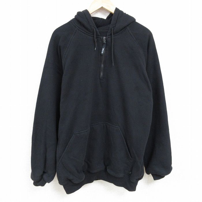 XL★古着 長袖 ハーフジップ スウェット パーカー メンズ 無地 大きいサイズ ラグラン 黒 ブラック 内側サーマル 【spe】 24nov22 中古 スエット トレーナー トップス